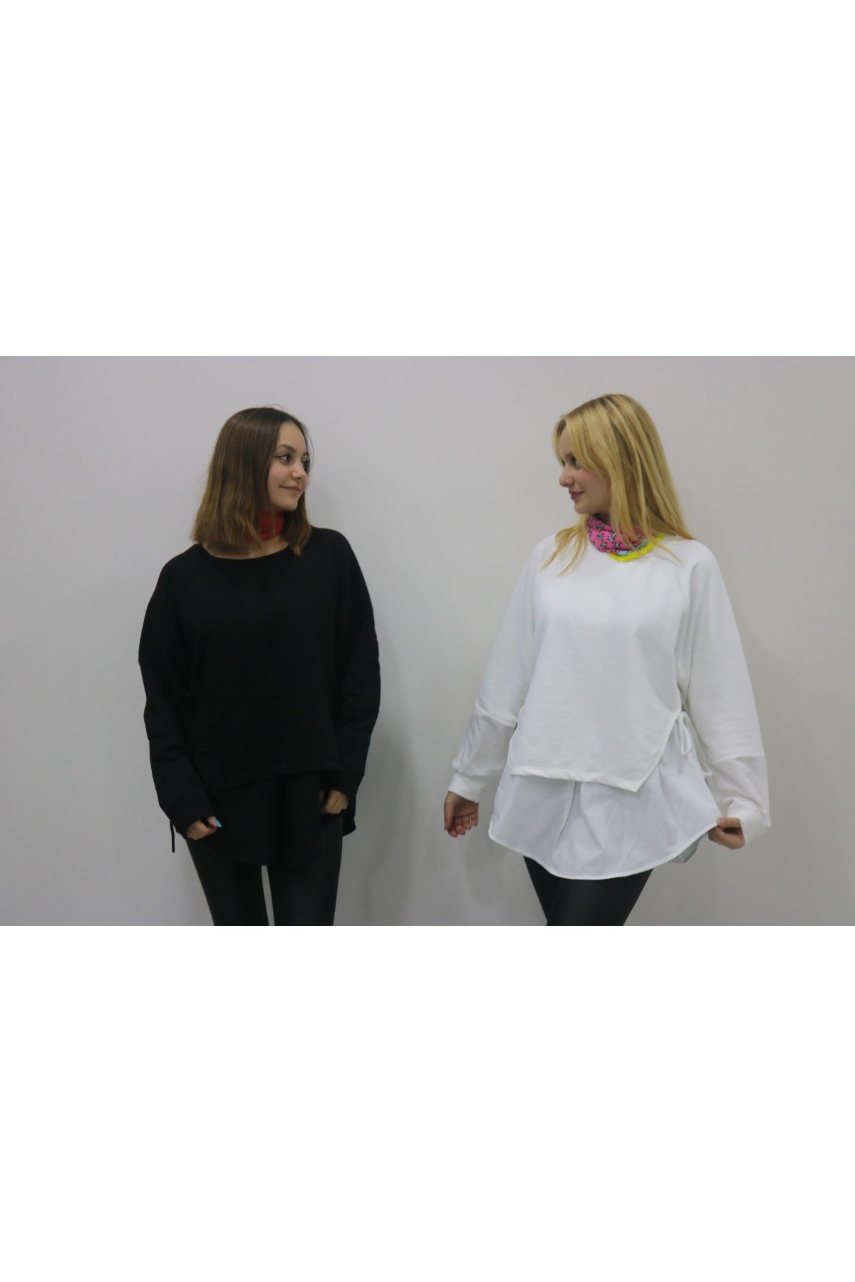 Gömlek detaylı,Bağlamalı siyah sweatshirt