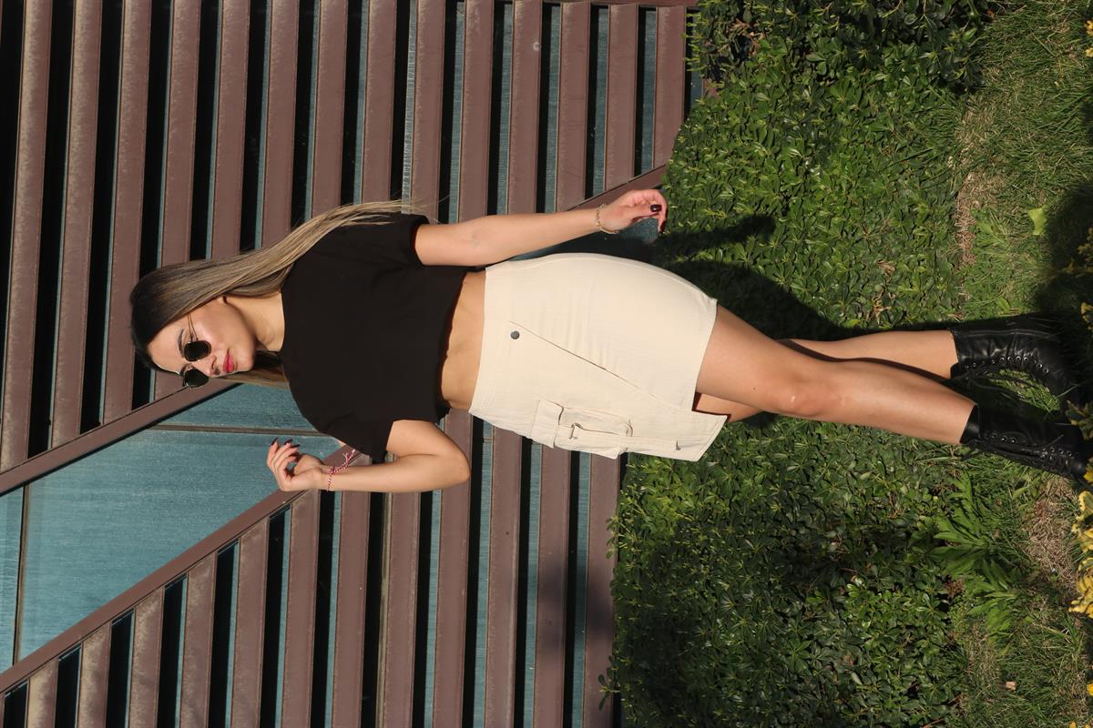 Krem cep detaylı etek