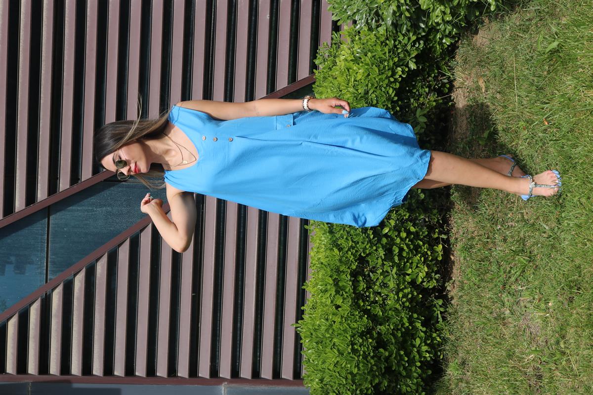 Mavi oversize cep detay elbise