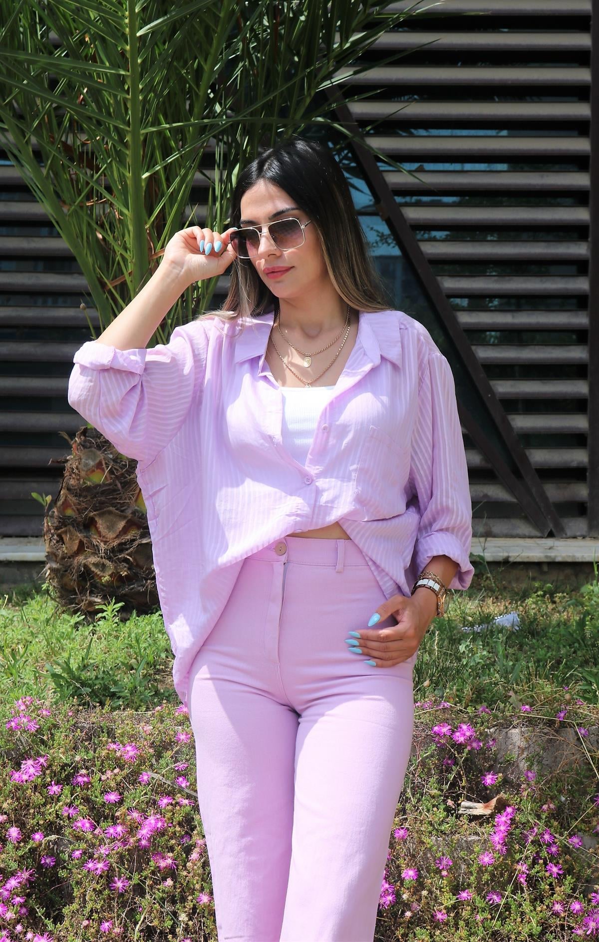 Oversize Lila Kendinden Çizgili gömlek