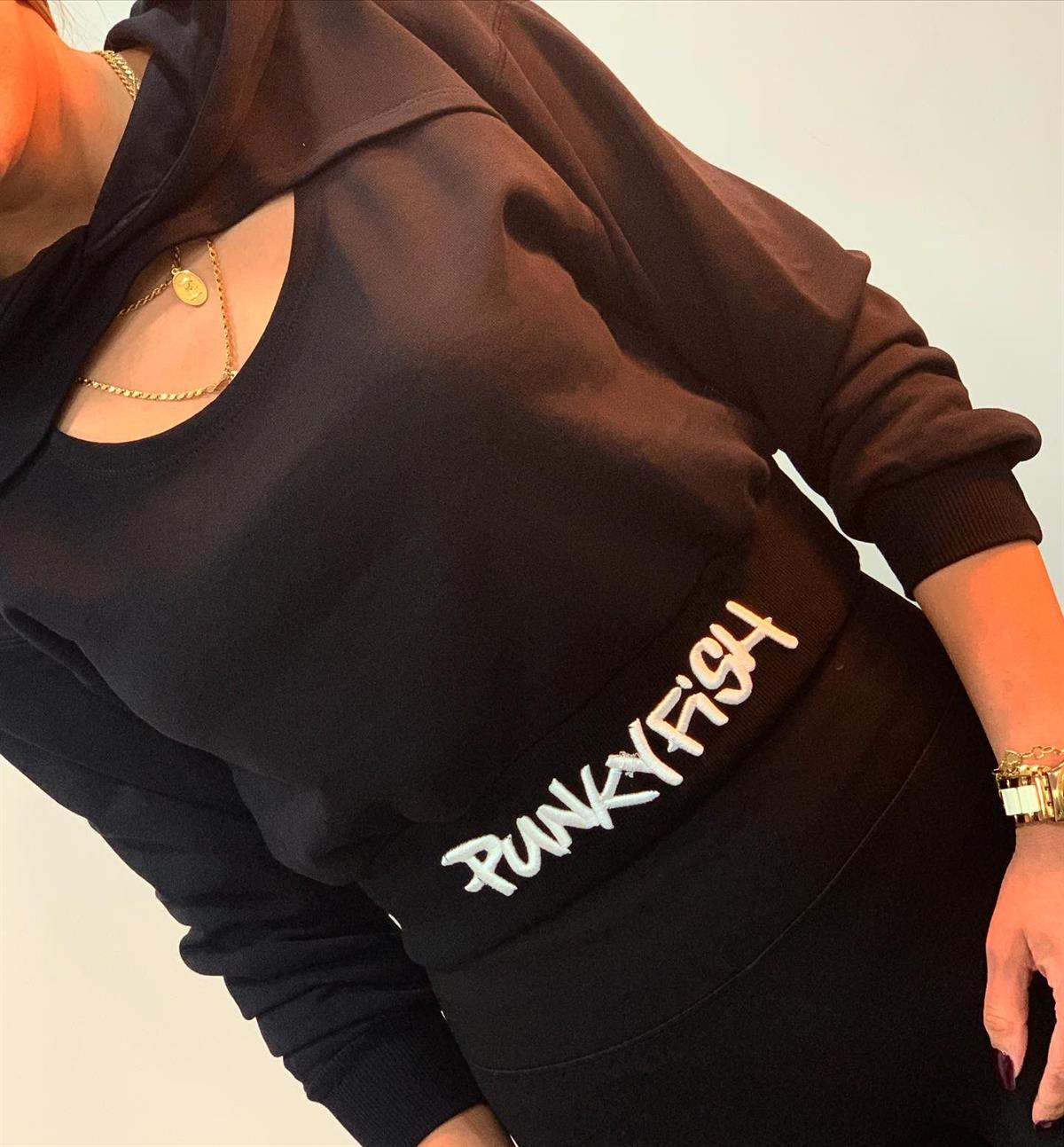 Siyah pencere detay kısa sweatshirt