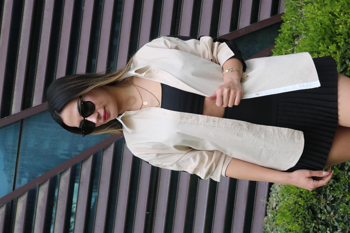 Twst model siyah/bej colorblock poplin gömlek