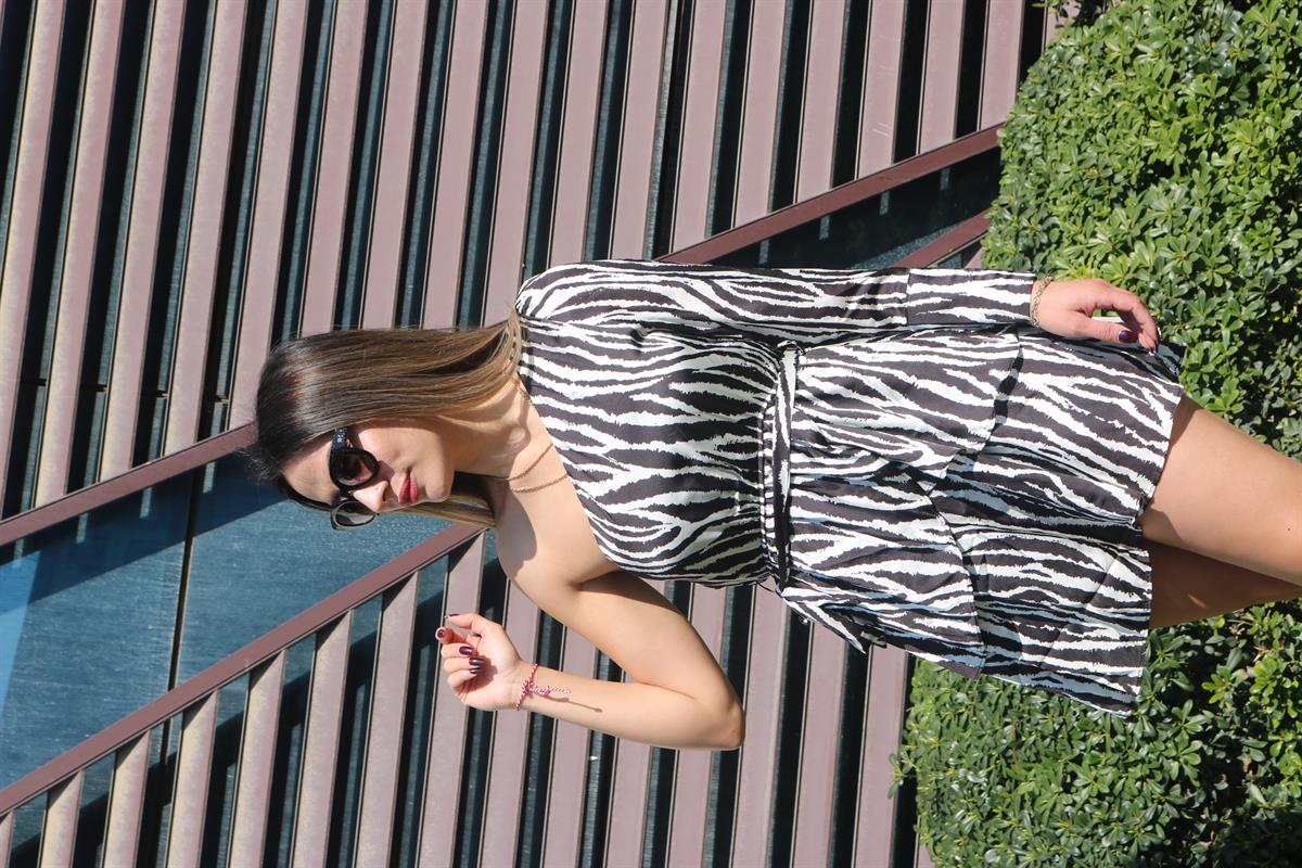 Zebra desenli tek omuzlu elbise