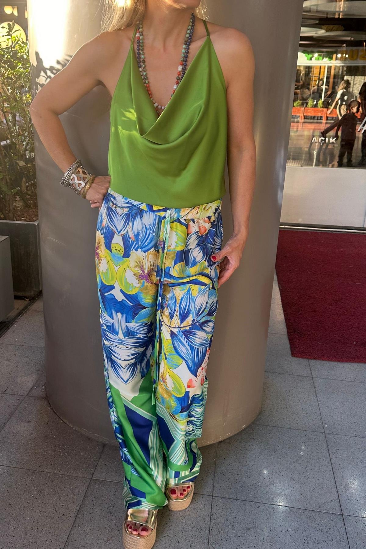 Exp24 Saten Degaje Bluz Yeşil