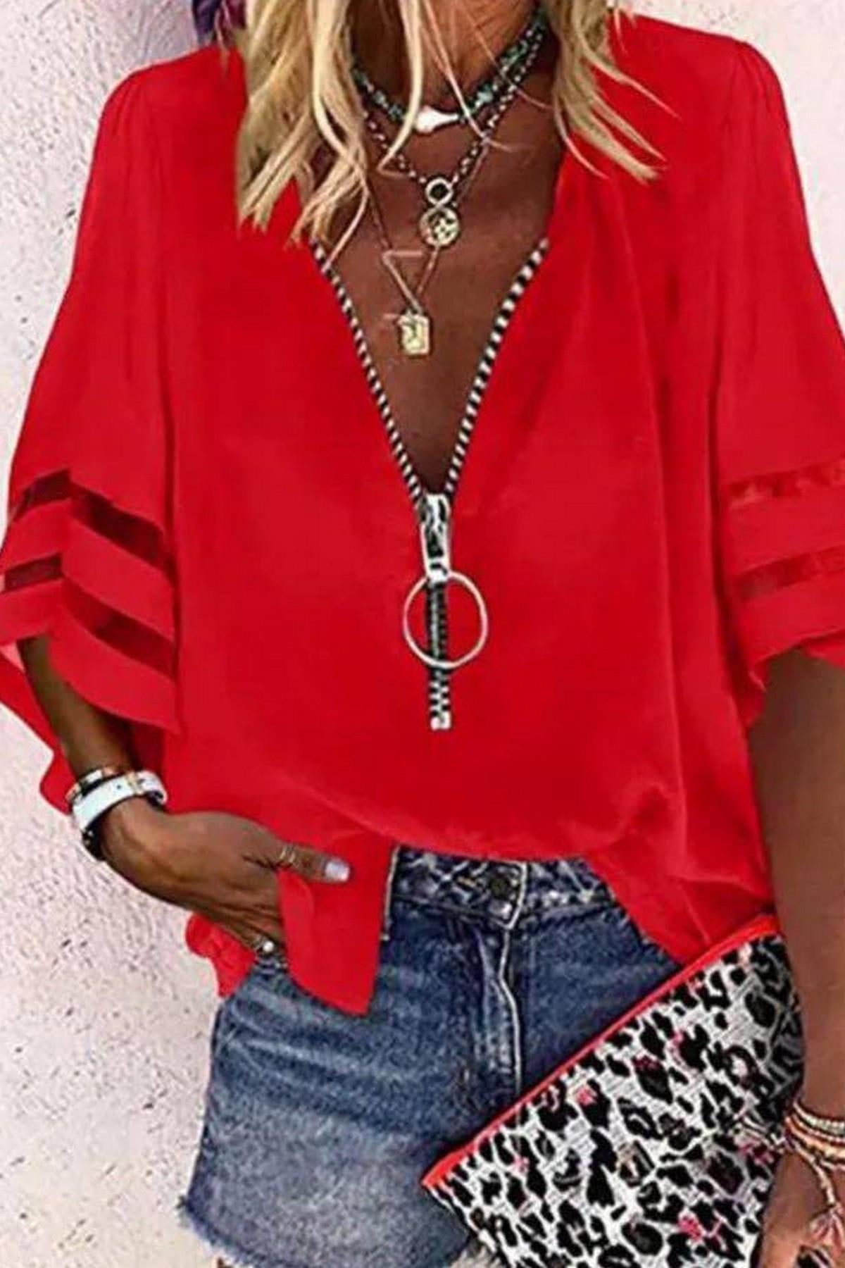 Fermuar Detaylı Bluz Mercan