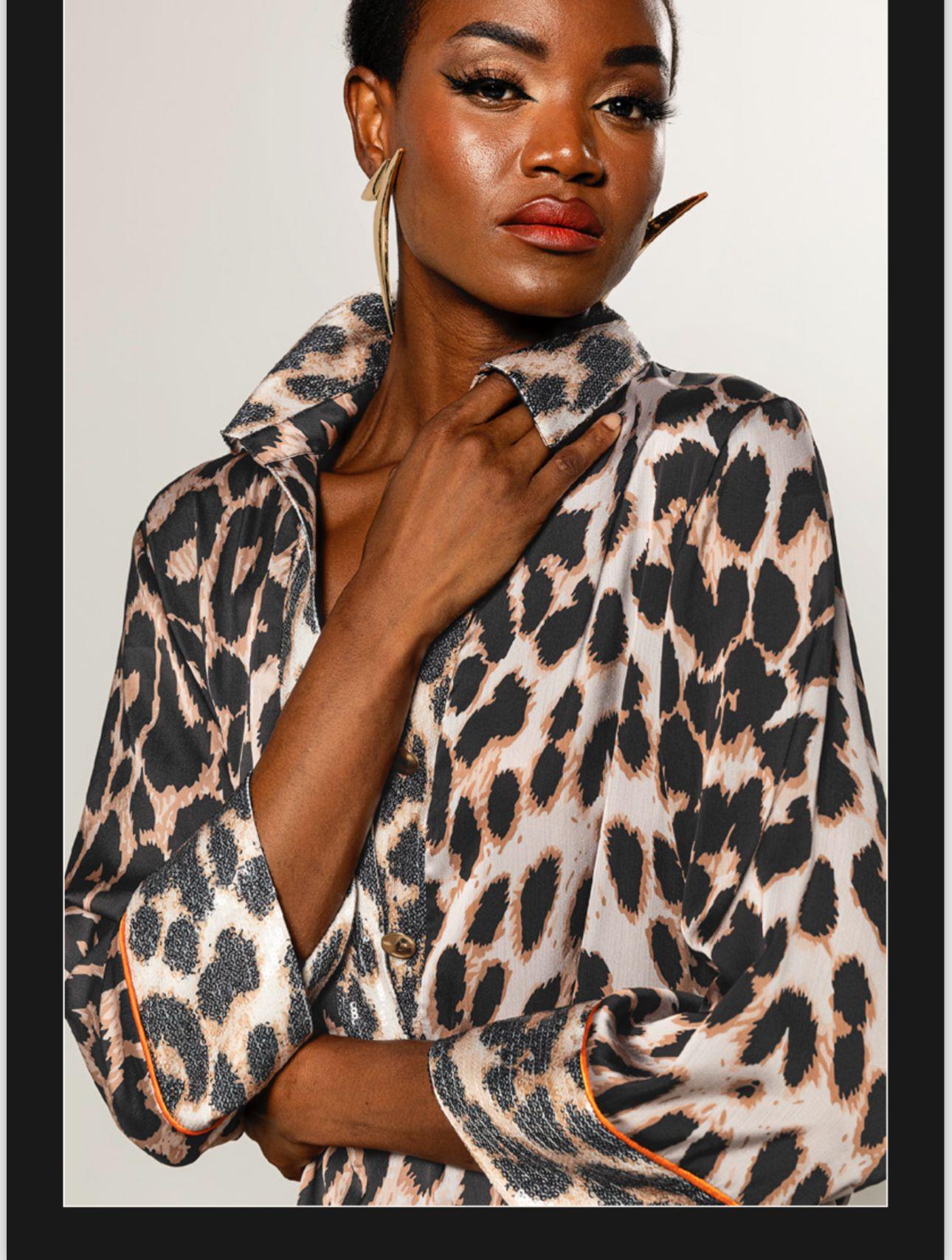 İS24K7288 Oversize Gömlek Leopar Desen Kol Pul Payet Detay Turuncu Biye