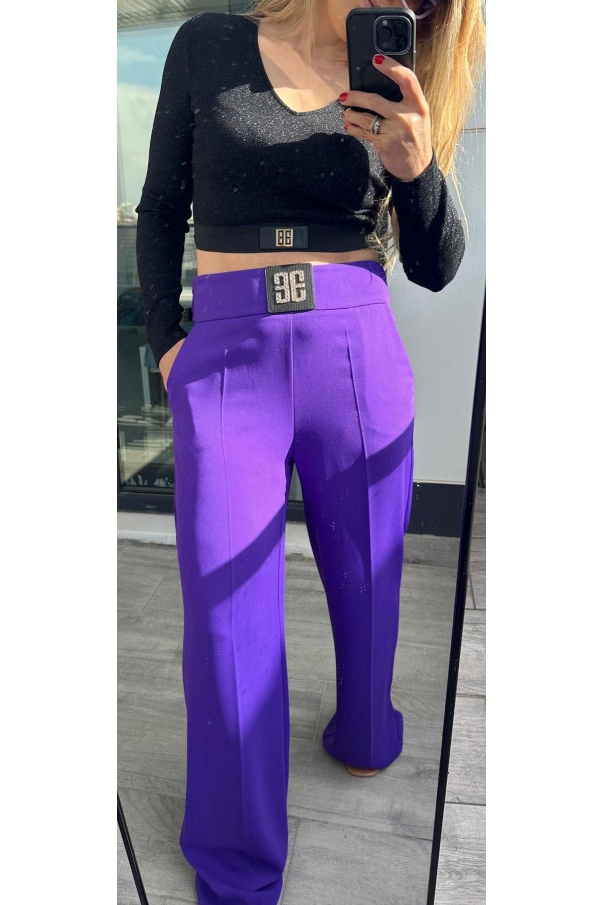 Krep Kumaş Pantolon Mor