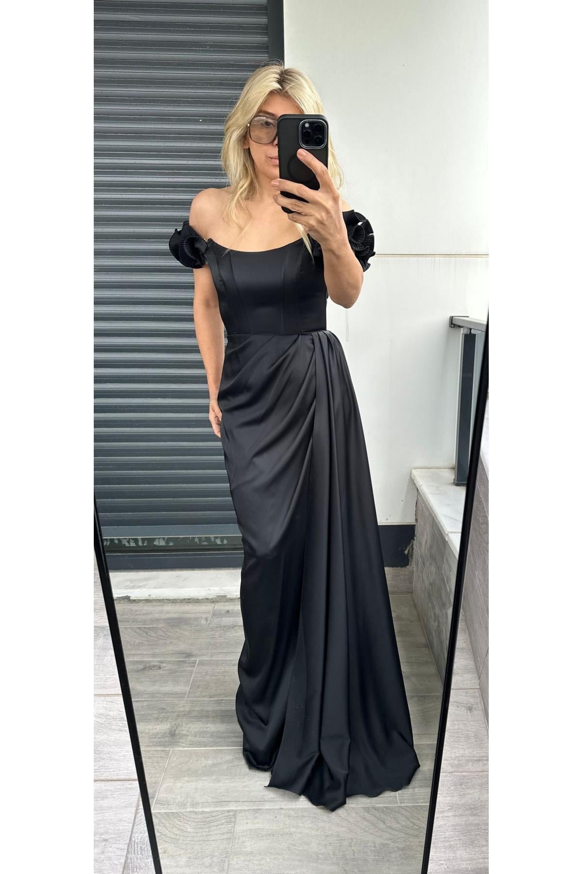 Saten Balenli Drape Uzun Abiye