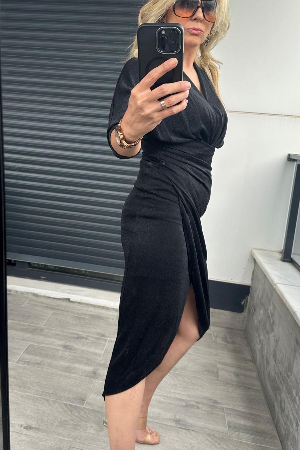 Sim Baskı Reglan Kol Drape Elbise