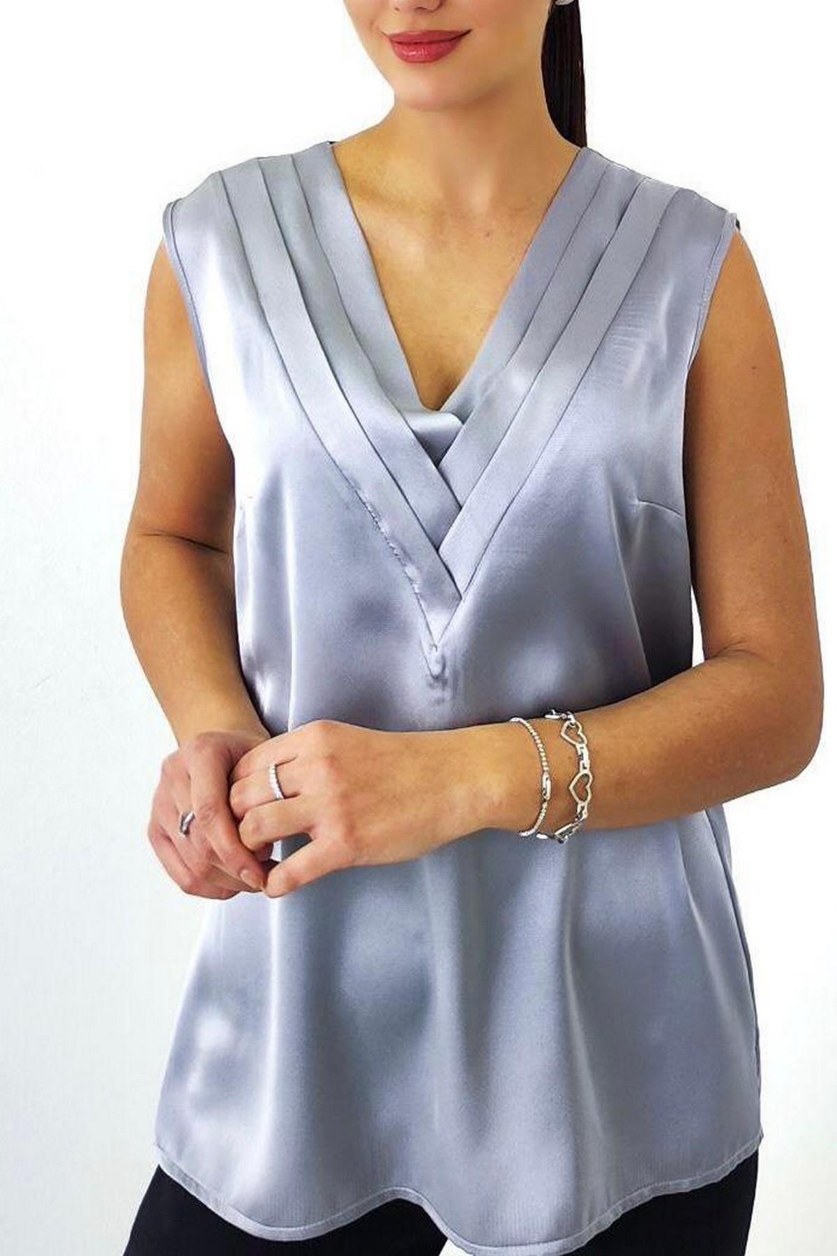 V Yaka Saten Bluz Lame