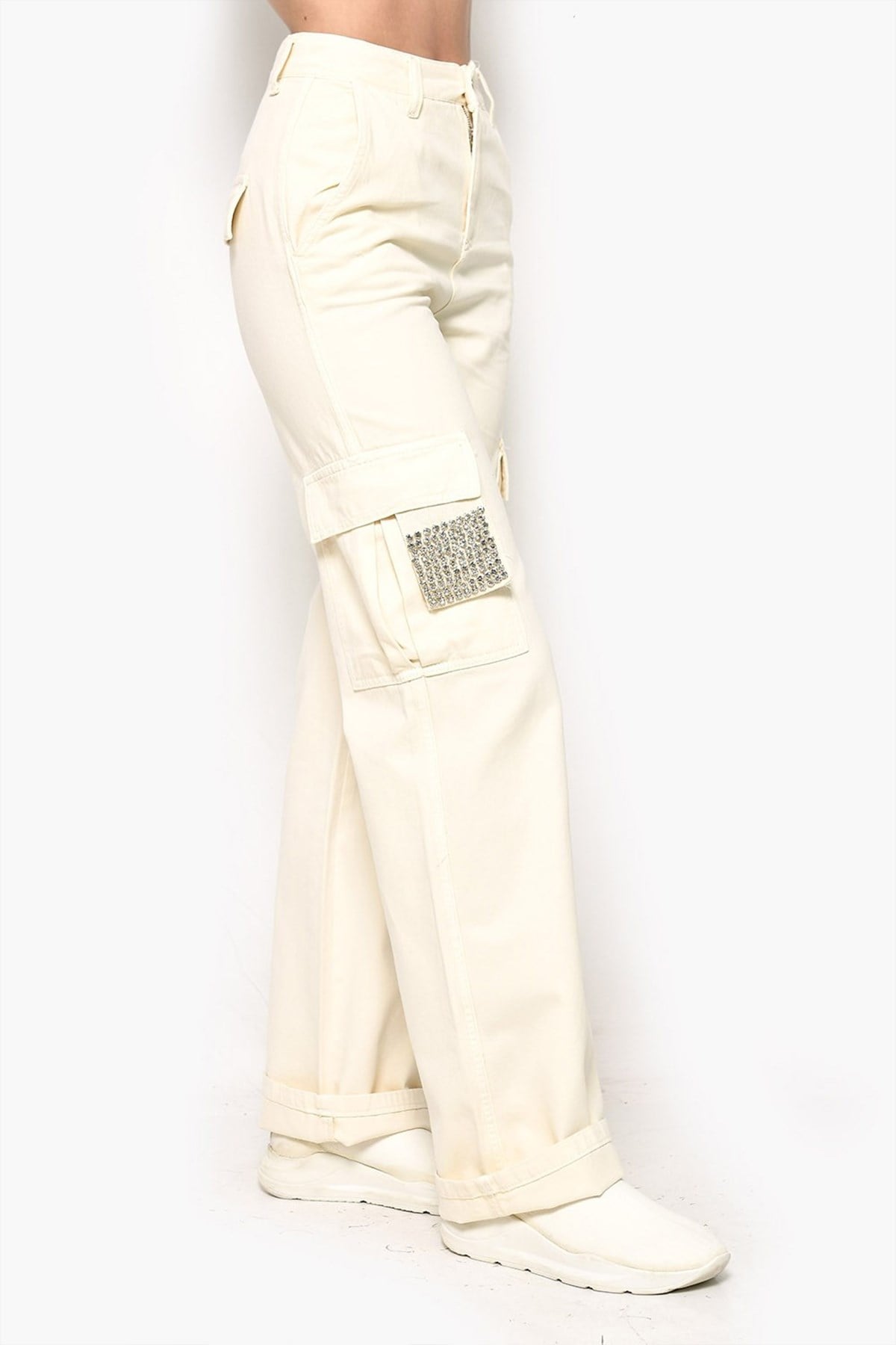 Yanı Taşlı Kargo Pantolon Ekru