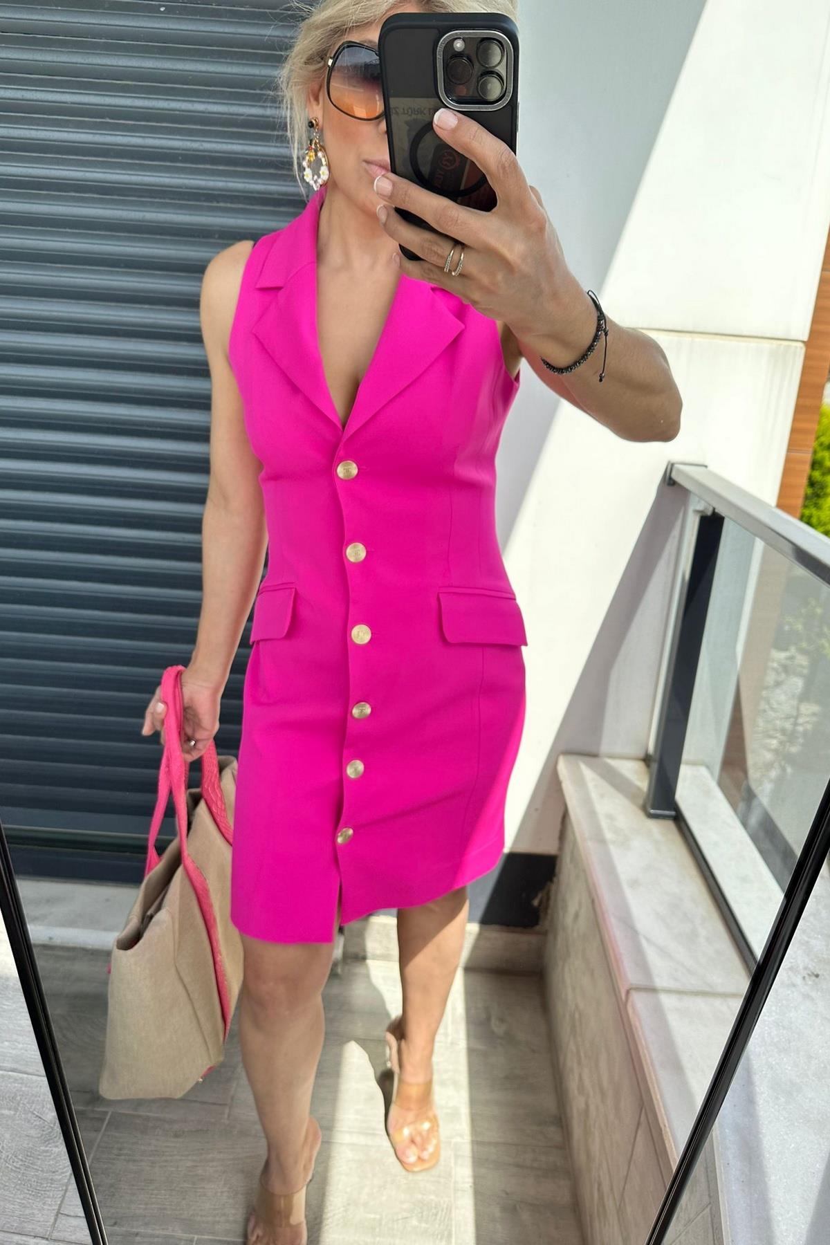 Gold Düğmeli Licra Elbise