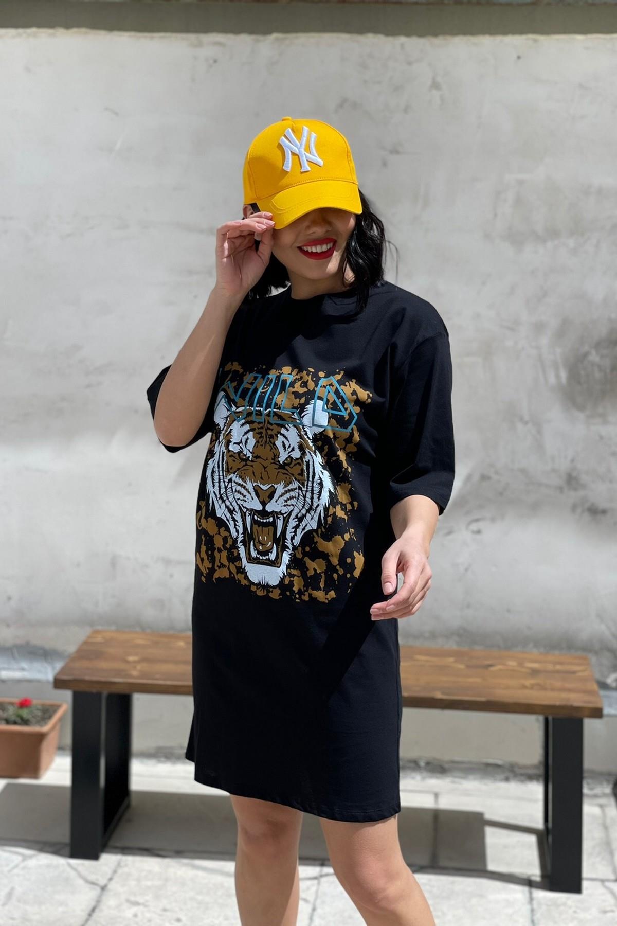 Kaplan Baskılı Penye Salaş Elbise 