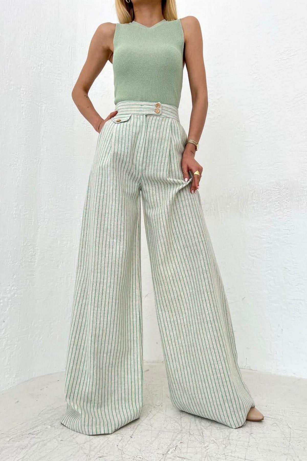 Keten Çizgili Pantolon