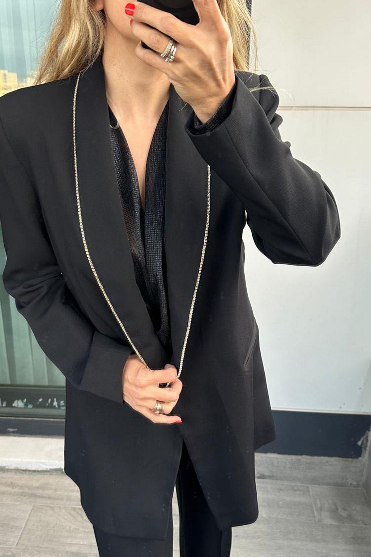 Krep Ceket Yaka Taşlı