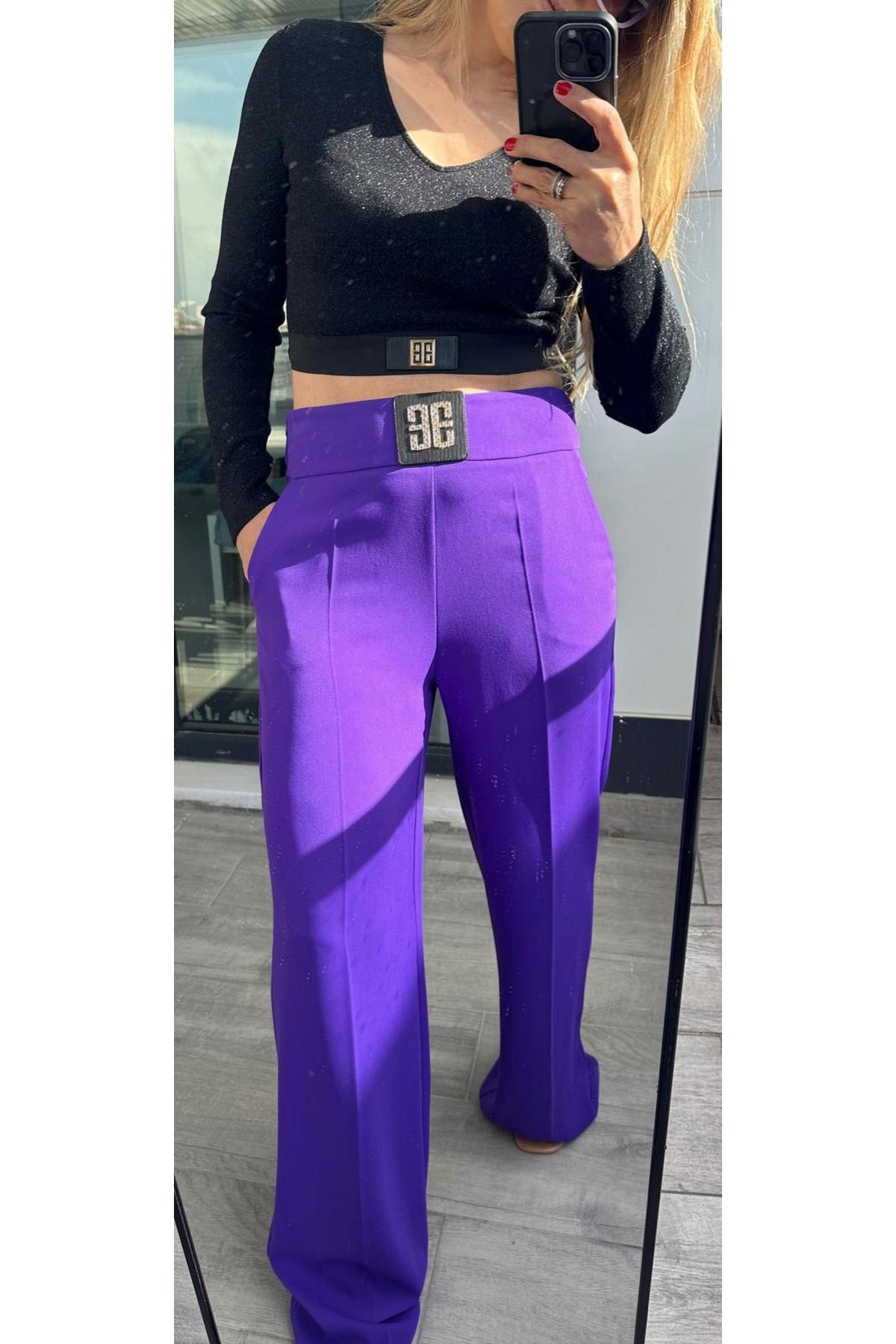 Krep Kumaş Pantolon Mor