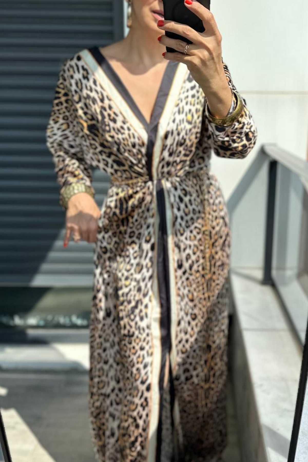 Leopar Desen Saten Abiye