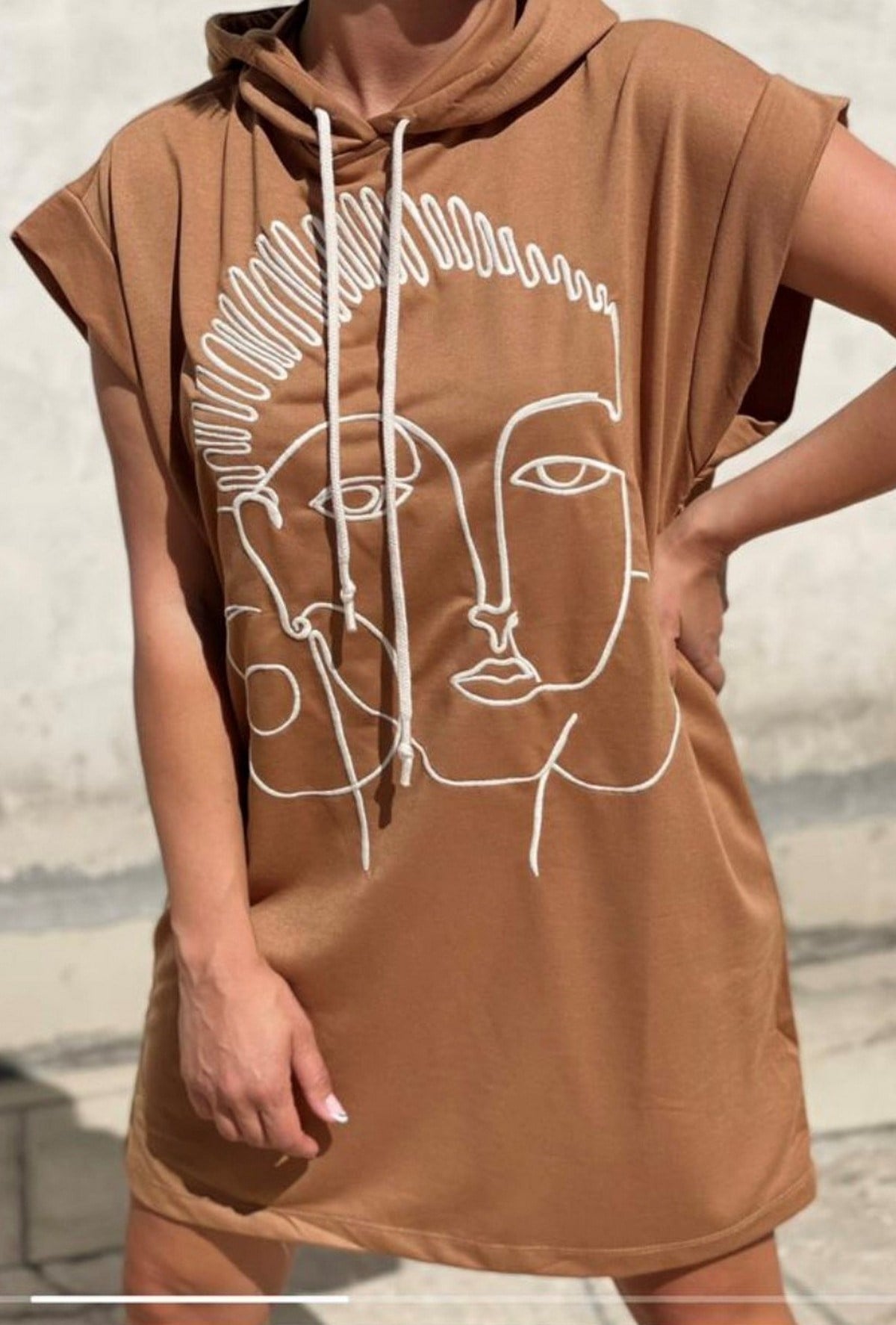 Önü Yüz Detaylı Penye Elbise Camel