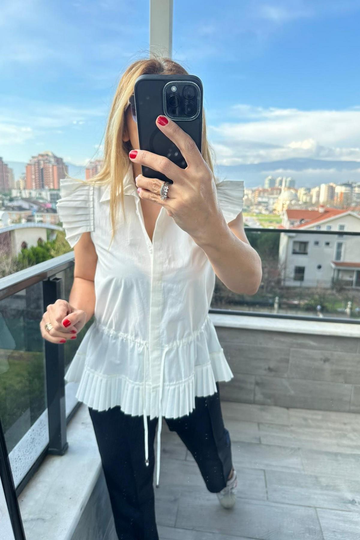 Plise Detay Gömlek Beyaz