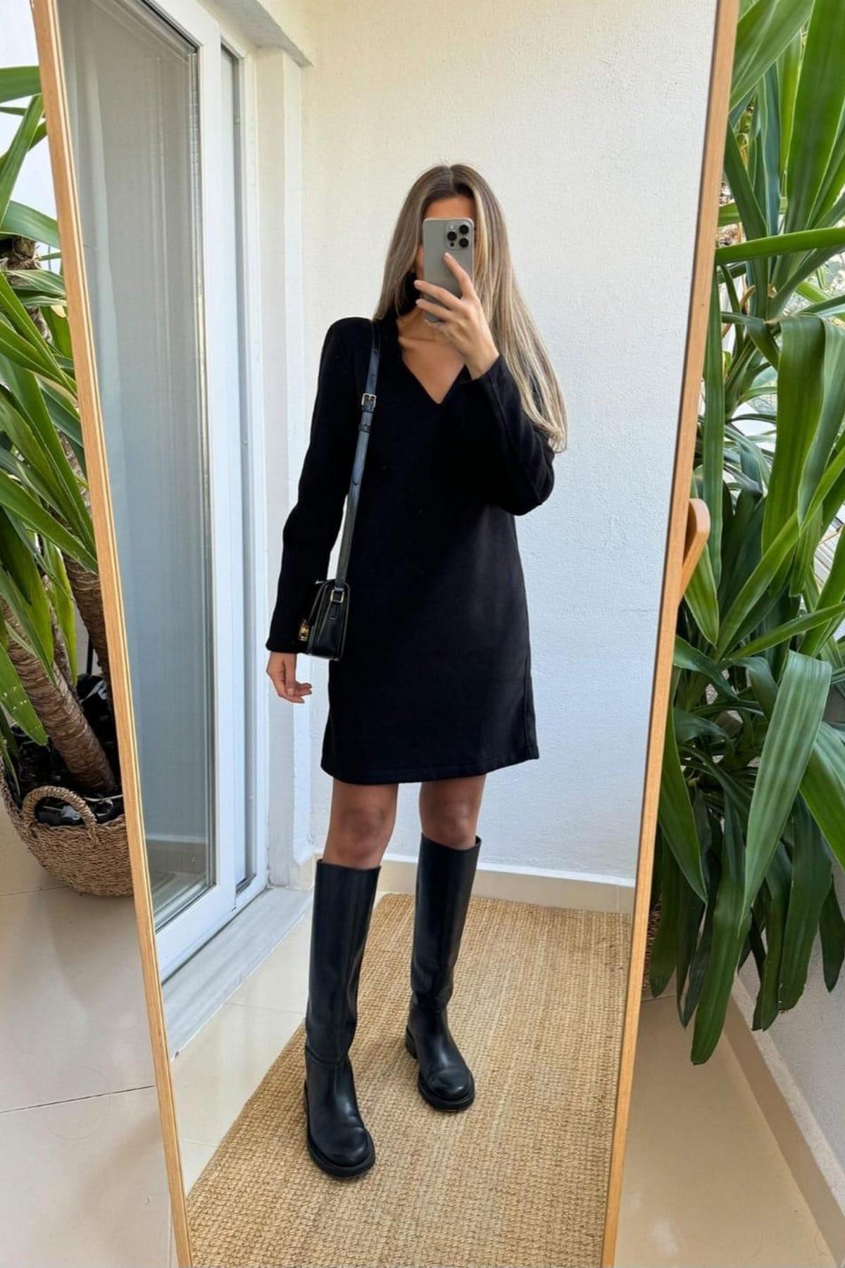 V yaka Vatkalı Kaşe Elbise