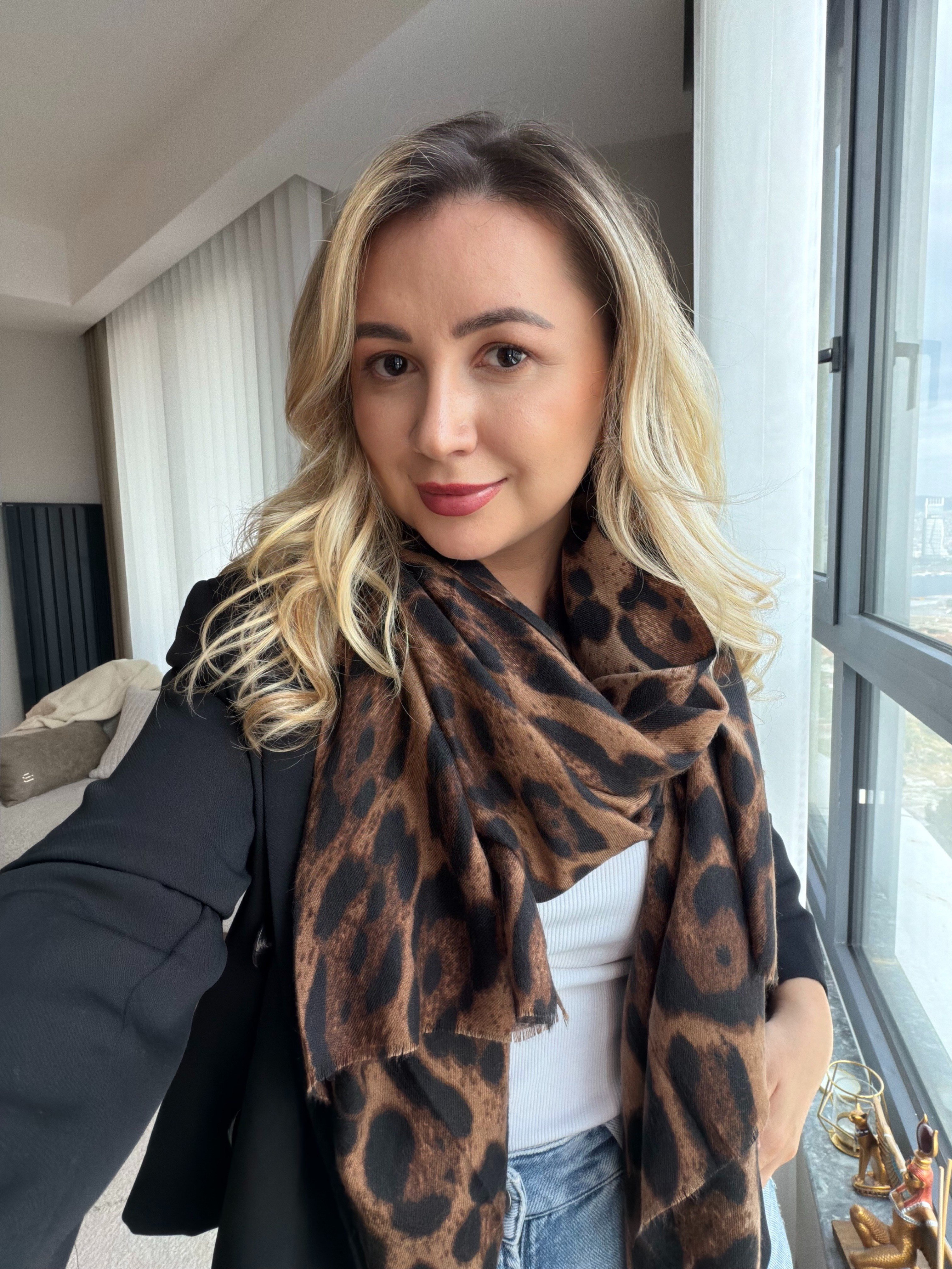 Leopar Desen Kahverengi Şal 90x180