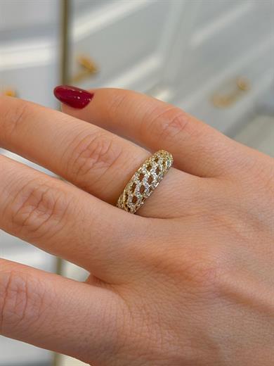 Özel Seri Yüzük 09 Gold Taşlı Şerit Sıralı Model