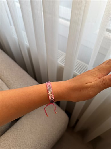 Pembe-Mavi Gold Boncuklu İp Bileklik