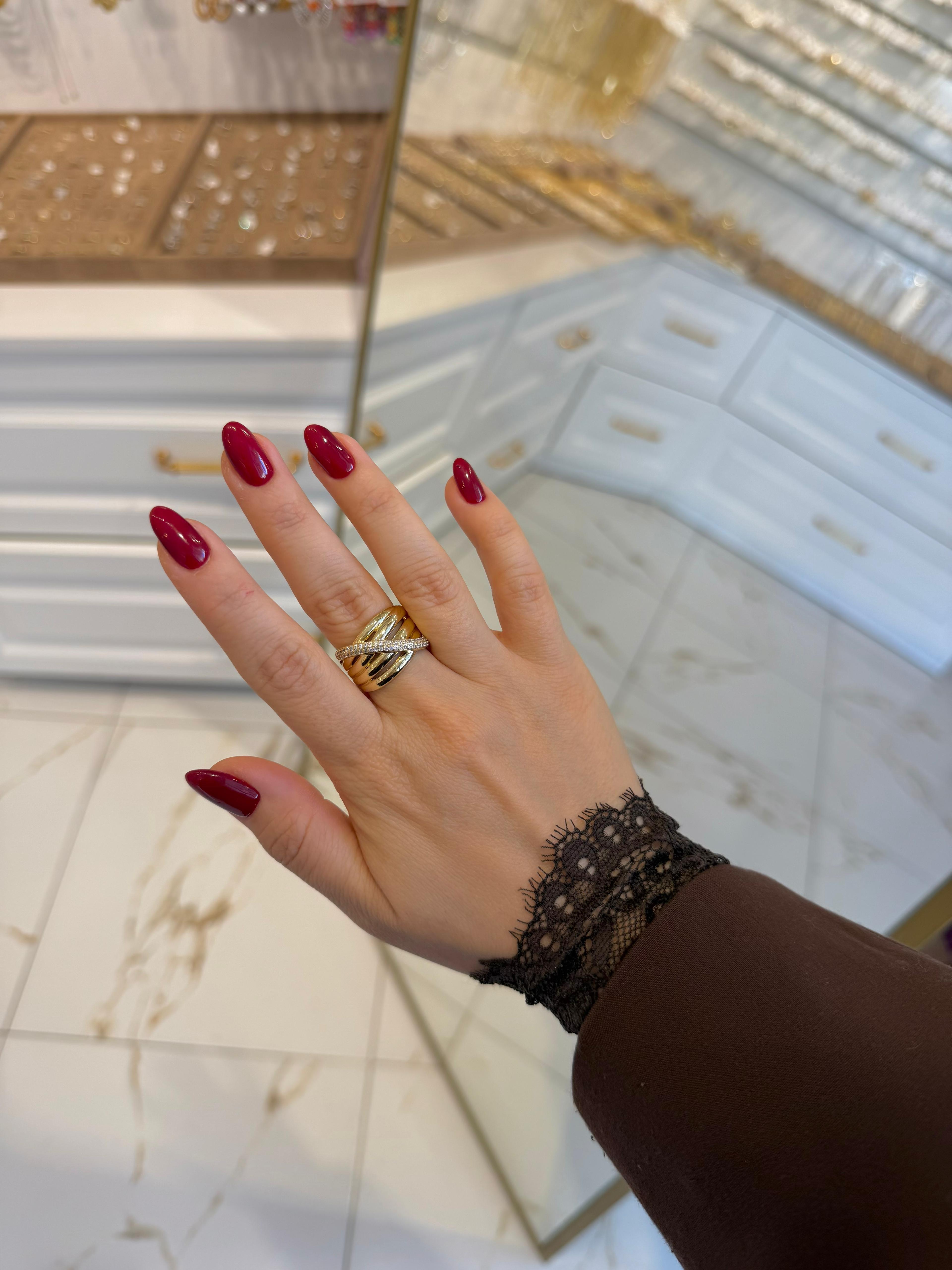 Özel Seri Yüzük 24 Gold Çapraz Taş Şerit Model 