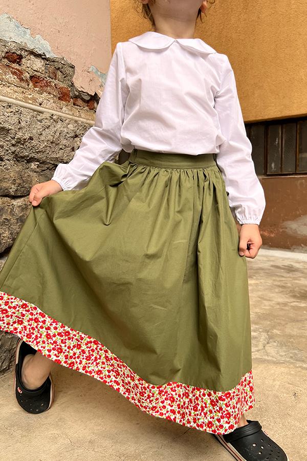 Kız Çocuk Haki Yeşil Kırmızı Çiçekli Uzun Etek