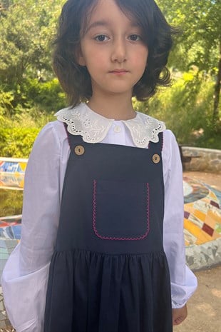 Kız Çocuk Pamuklu Lacivert Midi Boy Salopet Elbise