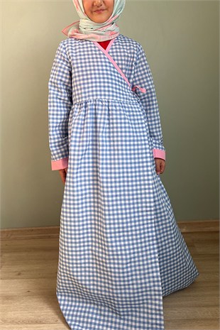 Kız Çocuk Mavi Beyaz Pötikare Pamuklu Poplin Namaz Elbisesi