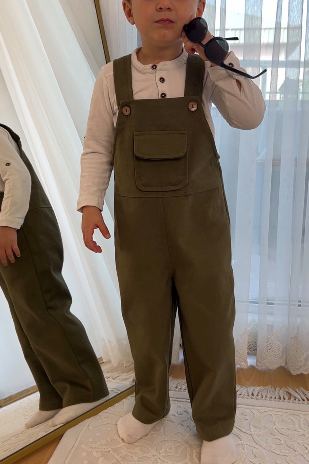 Erkek Çocuk Haki Rengi Gabardin Salopet Pantolon