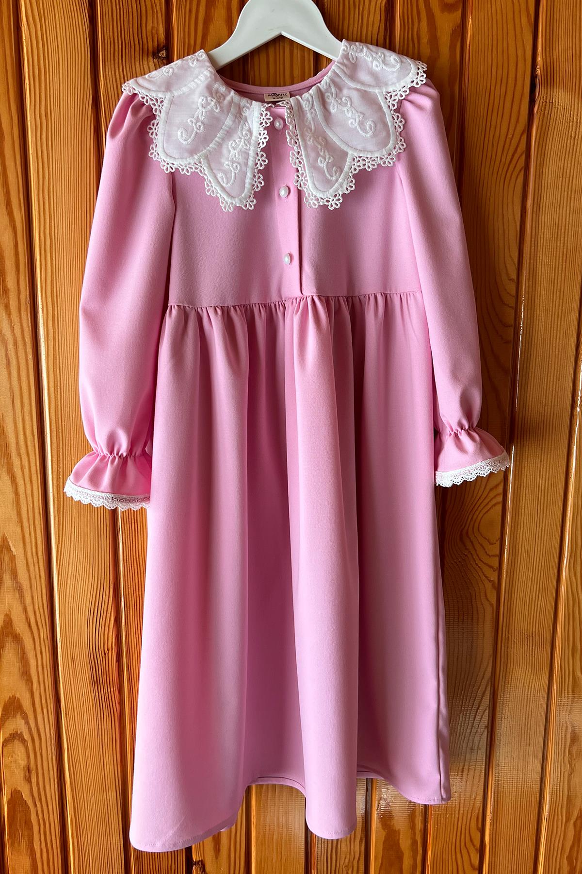Kız Çocuk Fisto Yakalı Pembe Gabardin Elbise