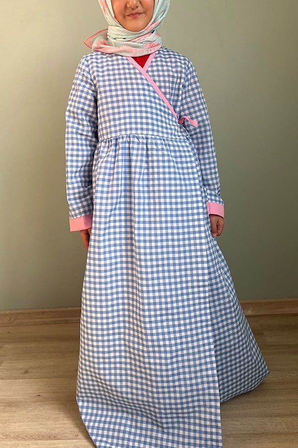 Kız Çocuk Mavi Beyaz Pötikare Pamuklu Poplin Namaz Elbisesi