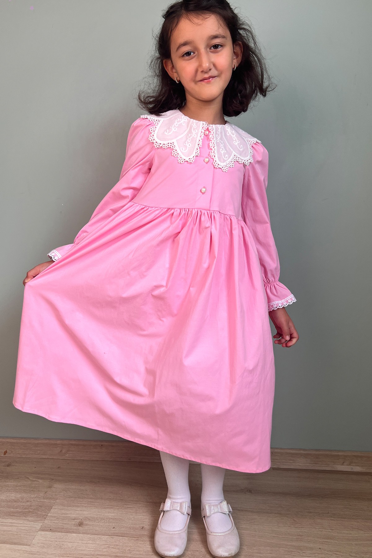 Kız Çocuk Fisto Yakalı Pembe Gabardin Elbise