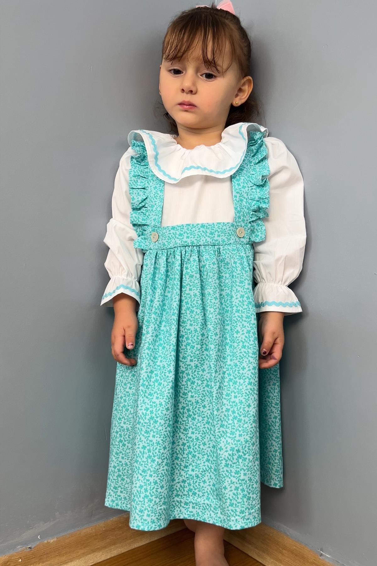 Kız Çocuk Mavi Çiçekli Beyaz Bebek Elbisesi