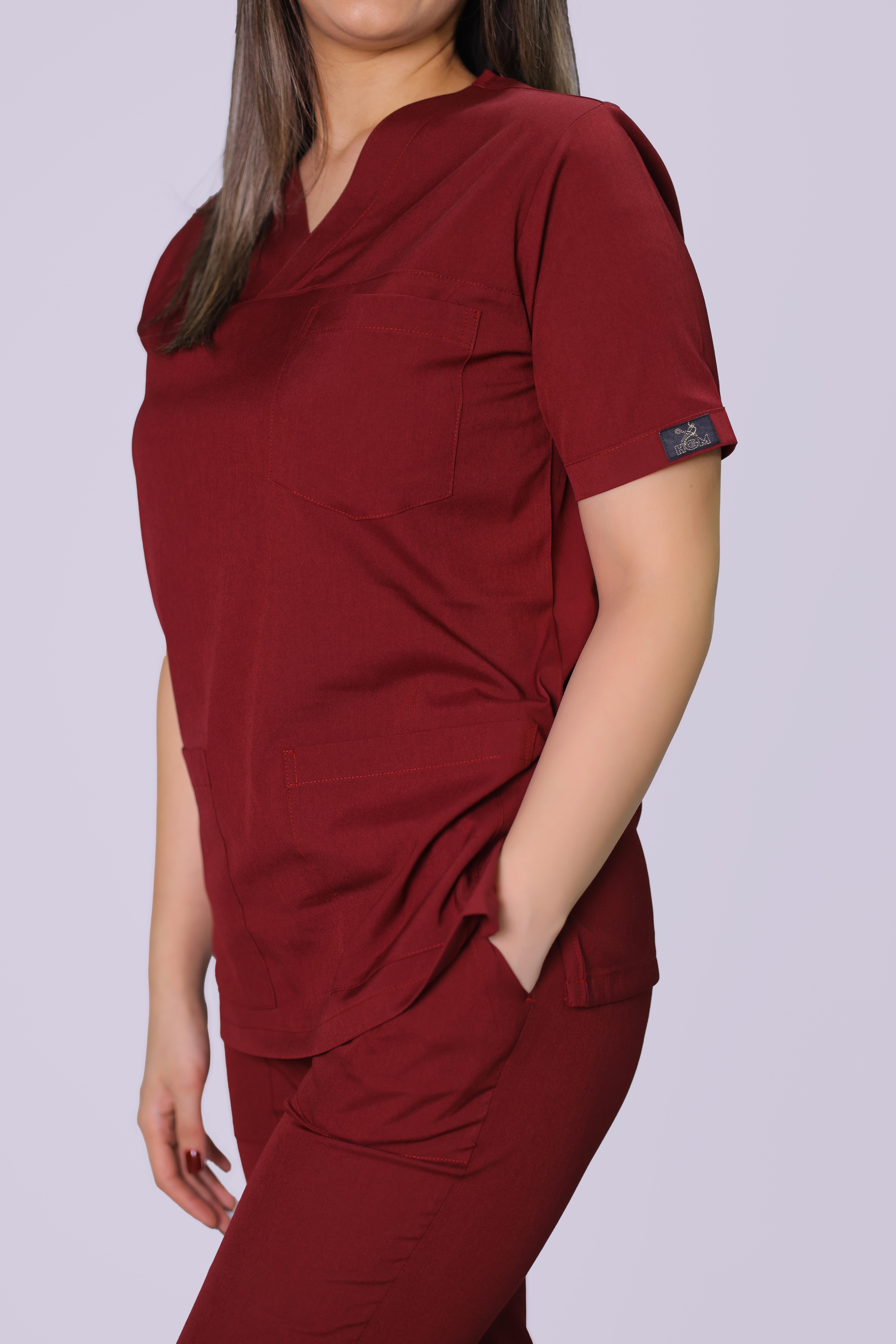  Bordo Lüks Likrali Klasik Unisex Overlock Paça Cerrahi Üniforma Takım 