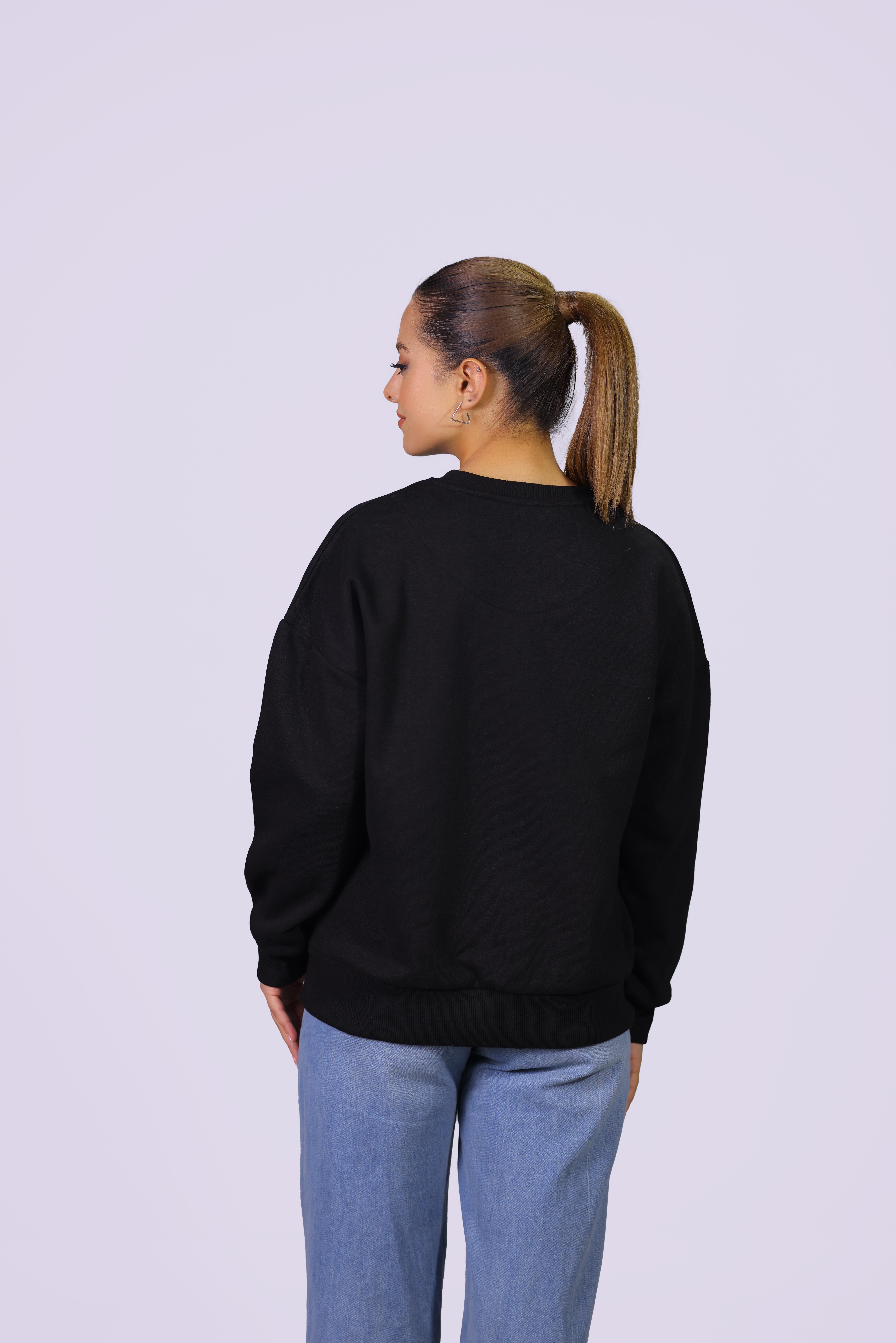  Kadın Siyah Oversize Bisiklet Yaka Pamuklu Crop  Sweatshirt