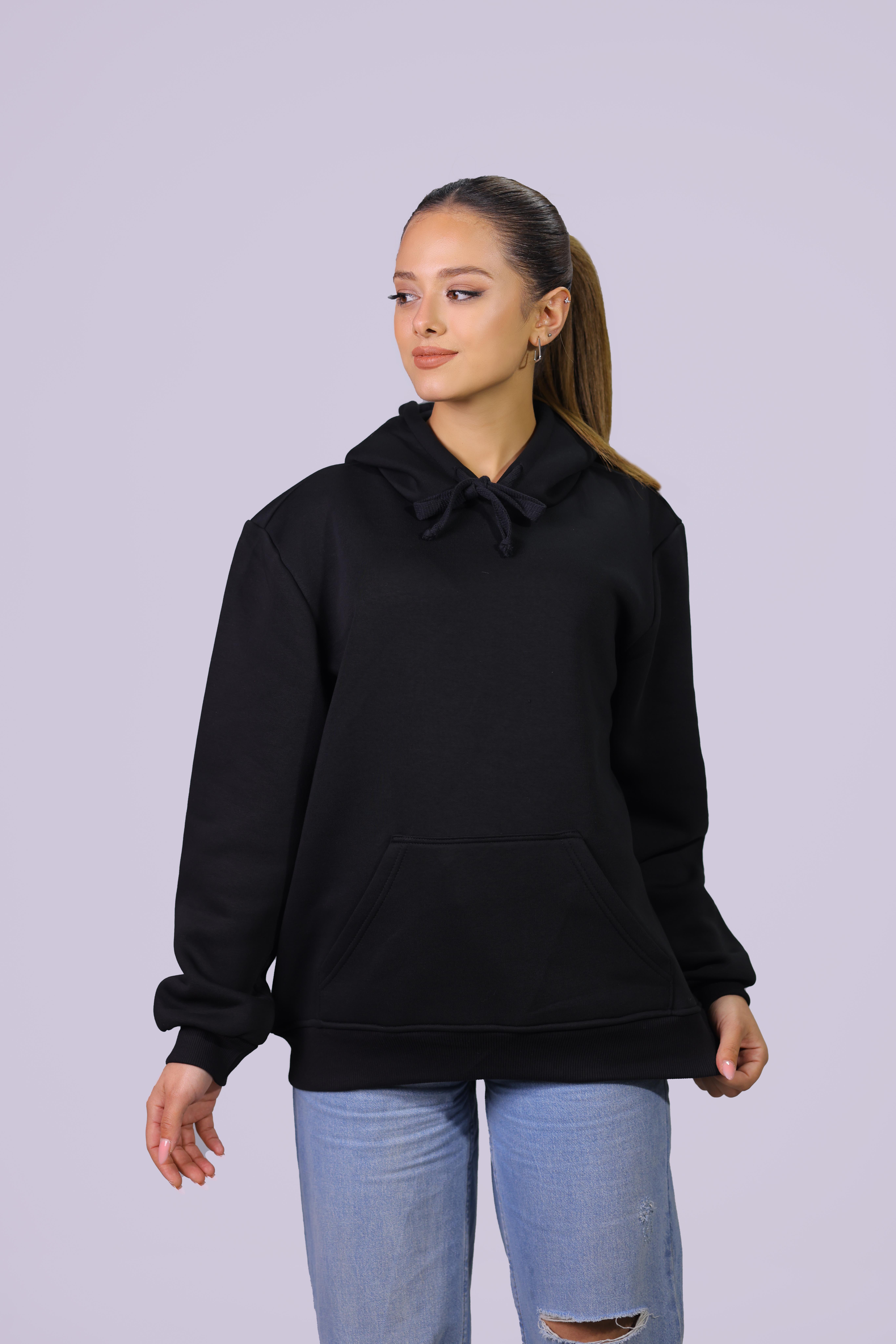  Kadın Siyah Regular Fit Pamuklu Kapüşonlu  Sweatshirt