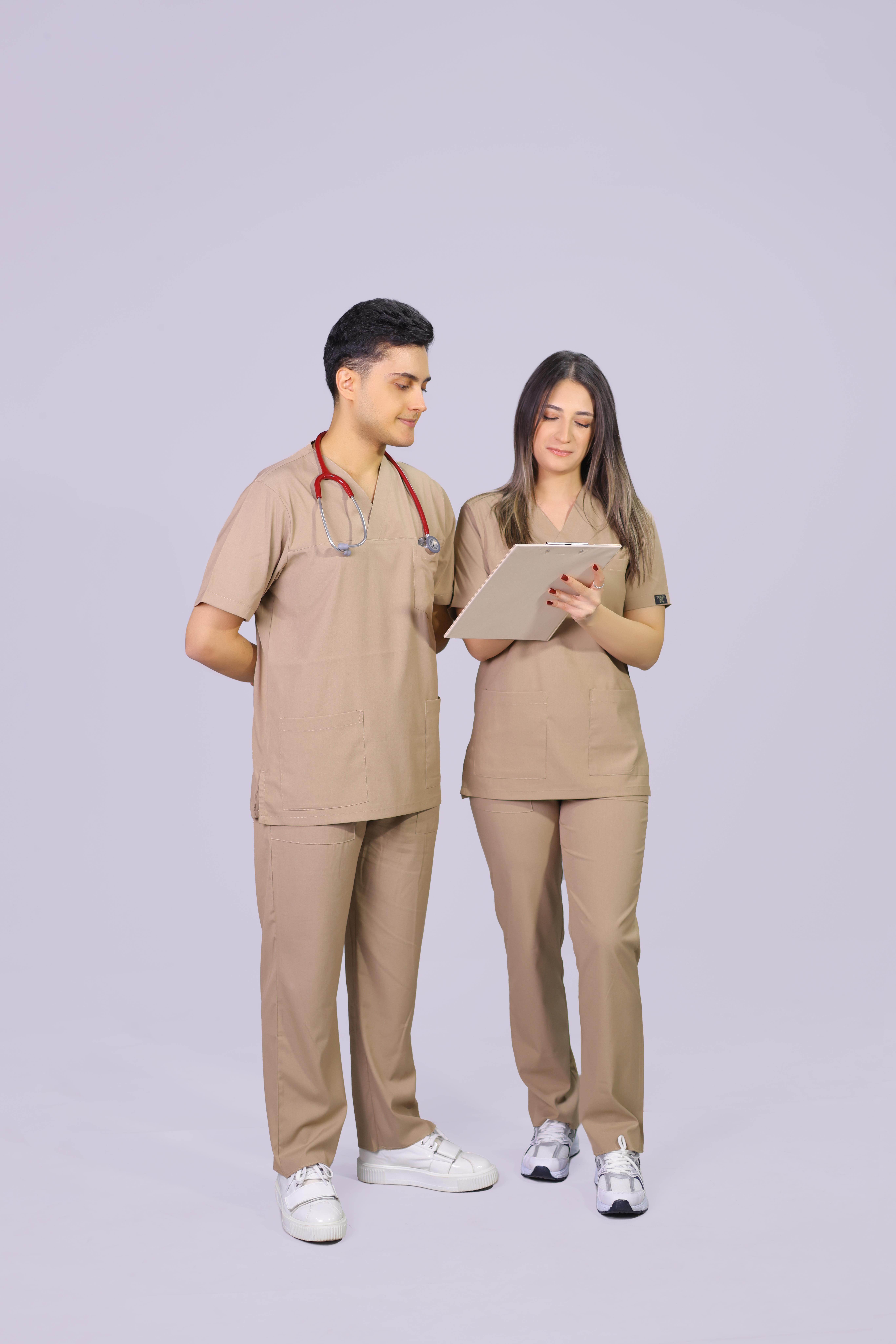 Krem Lüks Likrali Klasik Unisex Overlock Paça Cerrahi Üniforma Takım 