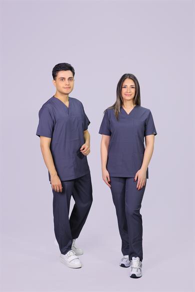 Antrasit  Lüks Likrali Klasik Unisex Overlock Paça Cerrahi Üniforma Takım