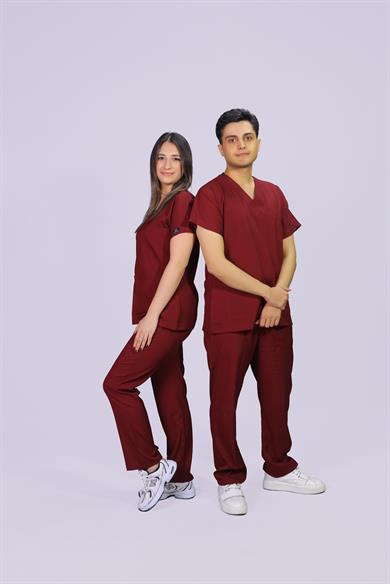 Bordo Dara Takım Lüks Likrali Klasik Unisex Orjinal Paça Cerrahi Üniforma Takım 
