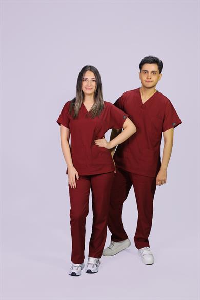 Bordo Dara Takım Lüks Likrali Klasik Unisex Orjinal Paça Cerrahi Üniforma Takım 