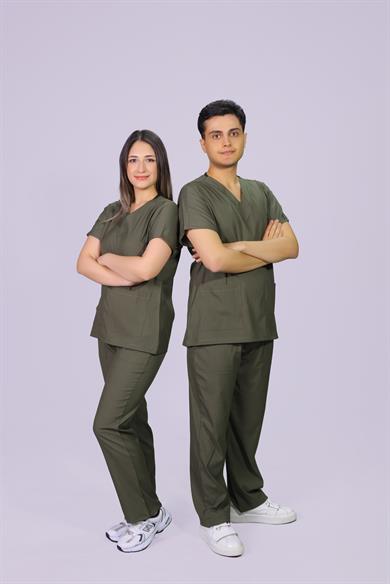 Haki Dara Takım Lüks Likrali Klasik Unisex Orjinal Paça Cerrahi Üniforma Takım 