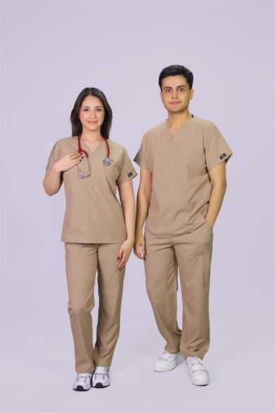 Krem  Dara Takım Lüks Likrali Klasik Unisex Orjinal Paça Cerrahi Üniforma Takım 