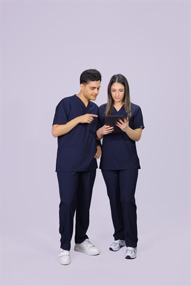 Lacivert  Lüks Likrali Klasik Unisex Overlock Paça Cerrahi Üniforma Takım