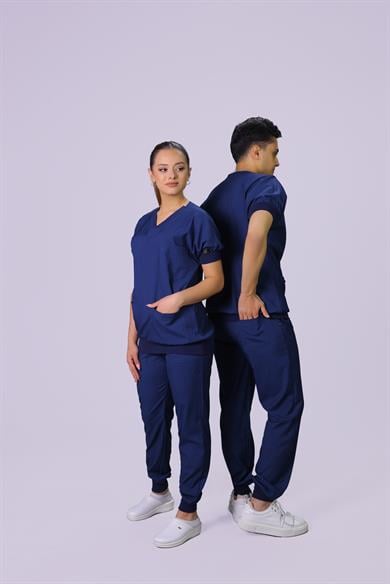 Mavi  Ribanalı Lüks Likralı Unisex Hemşire Doktor Üniforma Takımı 