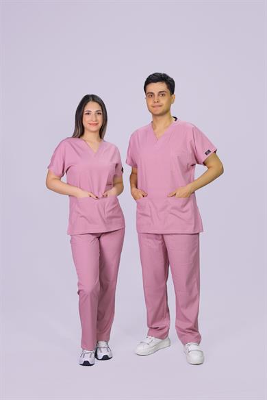 Pembe  Dara Takım Lüks Likrali Klasik Unisex Orjinal Paça Cerrahi Üniforma Takım 