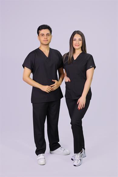 Siyah  Dara Takım Lüks Likrali Klasik Unisex Orjinal Paça Cerrahi Üniforma Takım 