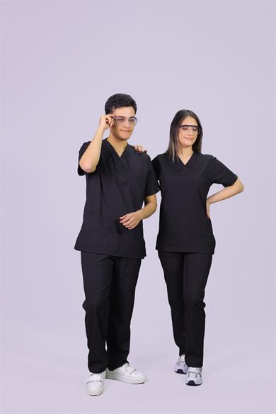 Siyah Lüks Likrali Klasik Unisex Overlock Paça Cerrahi Üniforma Takım